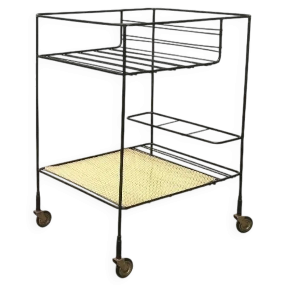 Chariot de service minimaliste en métal perforé de style milieu du siècle, années 1960