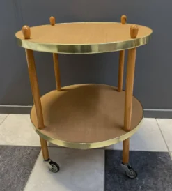 Chariot de service rond en bois, table d'appoint, années 1960