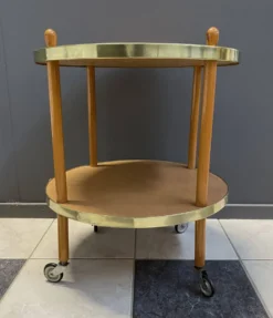 Chariot de service rond en bois, table d'appoint, années 1960