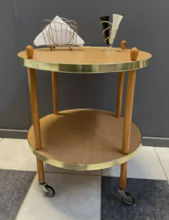Chariot de service rond en bois, table d'appoint, années 1960
