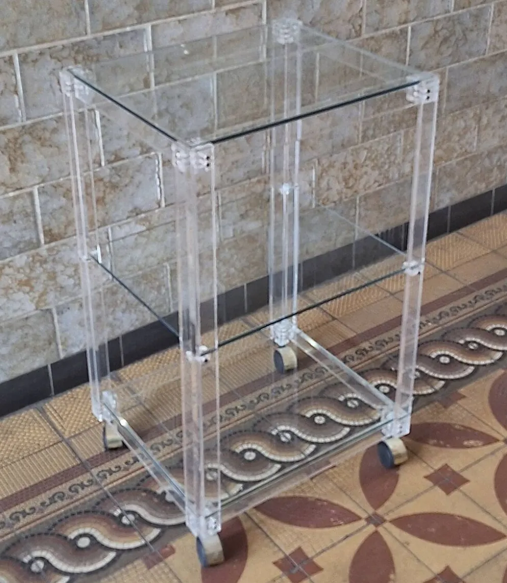 Chariot de service vintage en plexiglas et verre italien, 1980