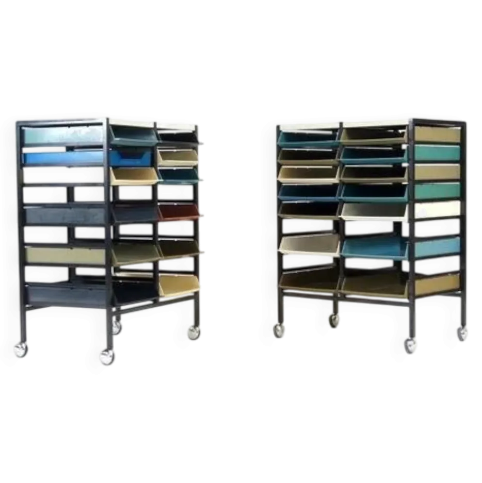 2 Chariots de rangement rétro vintage danois, cabinet de classement de bureau, milieu du siècle, années 60.