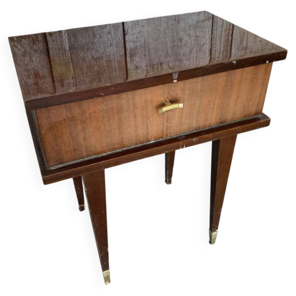 Chevet Ancien Table Nuit Placage Bois Verni Tiroir Mid-Century Vintage