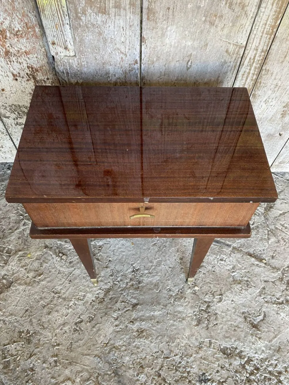 Chevet Ancien Table Nuit Placage Bois Verni Tiroir Mid-Century Vintage