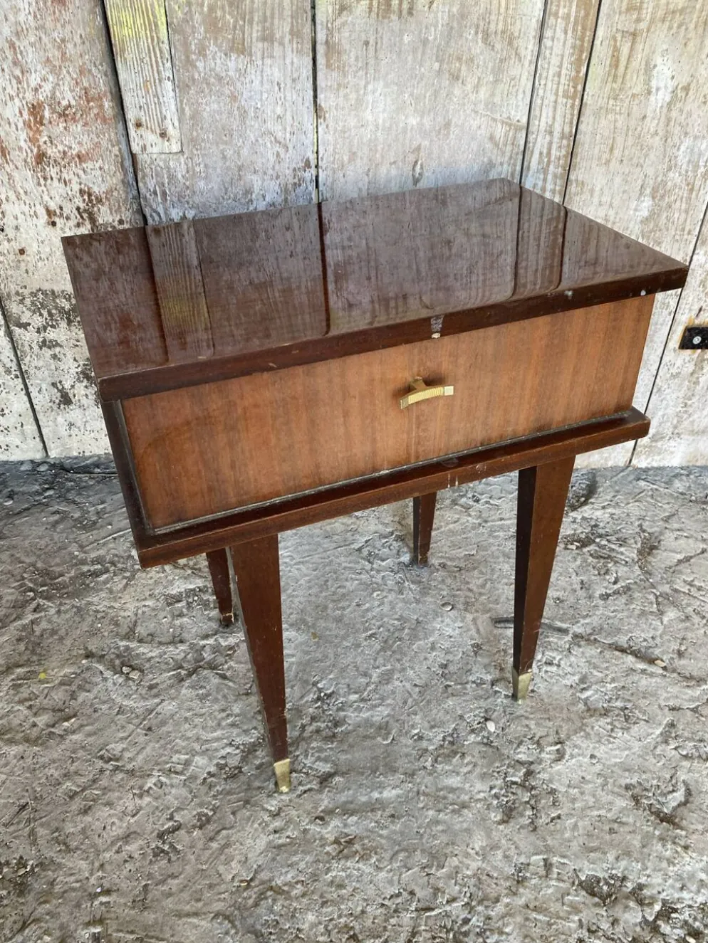 Chevet Ancien Table Nuit Placage Bois Verni Tiroir Mid-Century Vintage