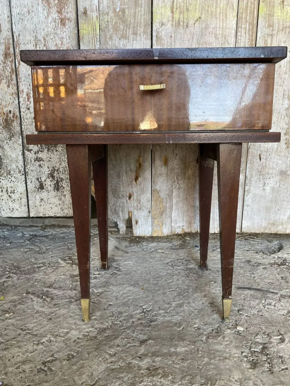 Chevet Ancien Table Nuit Placage Bois Verni Tiroir Mid-Century Vintage