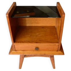 Chevet pied compas chêne et verre opalin