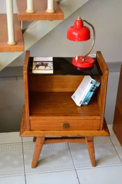 Chevet pied compas chêne et verre opalin