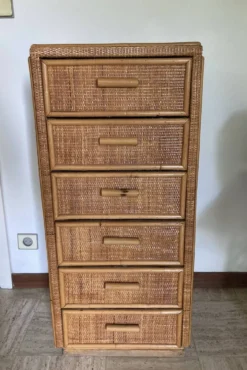 Chiffonnier, commode 6 tiroirs en rotin vintage