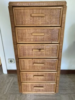 Chiffonnier, commode 6 tiroirs en rotin vintage