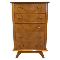Chiffonnier ou commode haute moderniste en chêne blond, France vers 1950