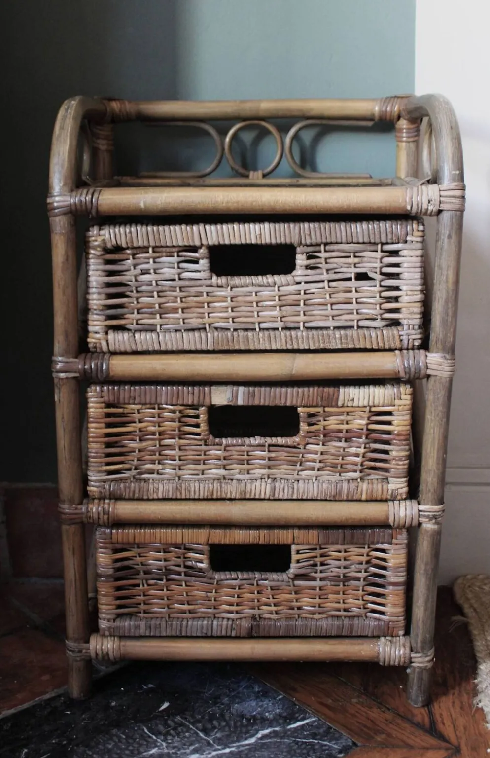 Chiffonnier rotin osier 3 tiroirs meuble rangement vintage
