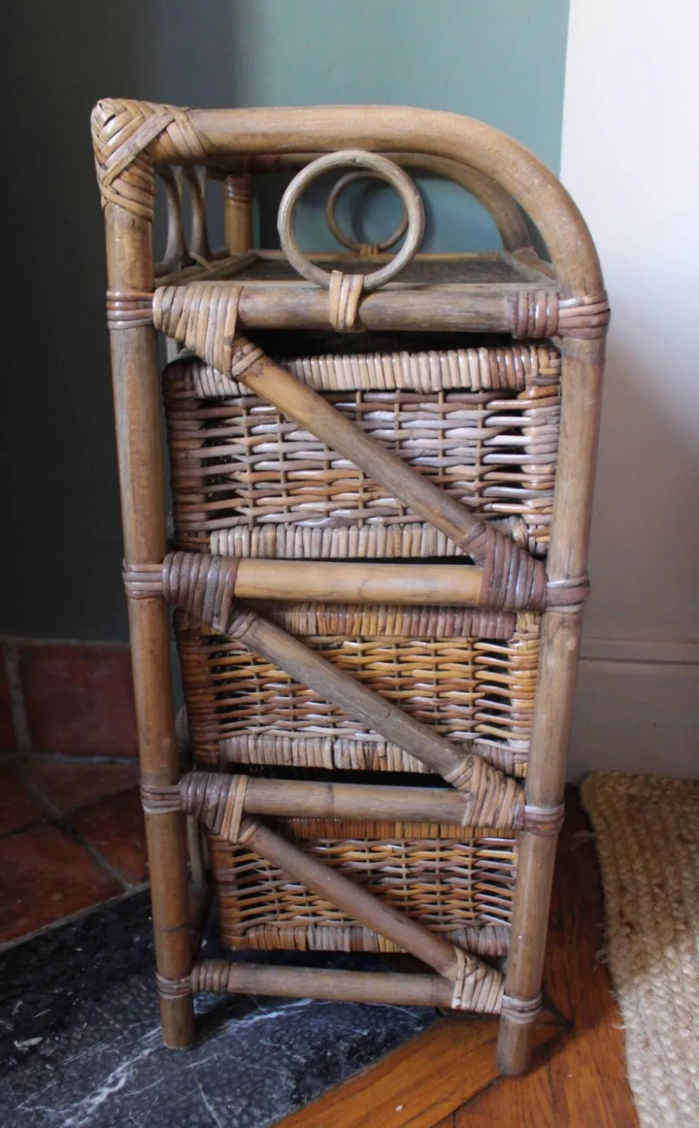 Chiffonnier rotin osier 3 tiroirs meuble rangement vintage