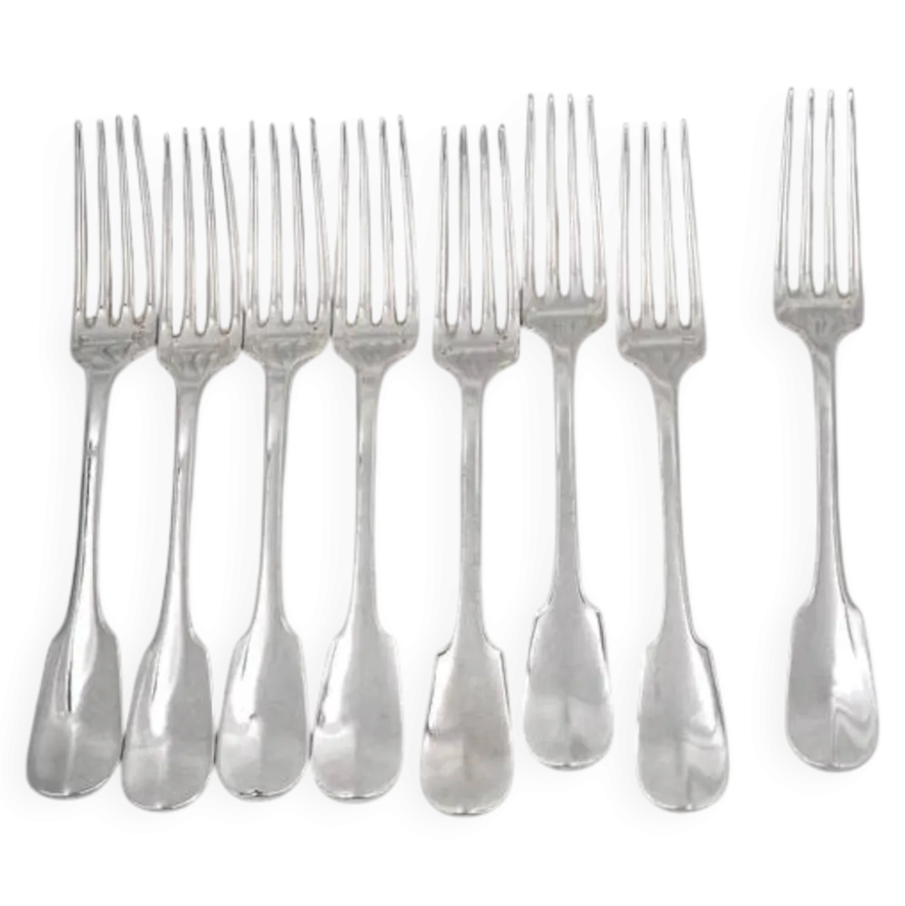 Christofle Cluny, 8 fourchettes de table, 20,5 cm, métal argenté, excellent état