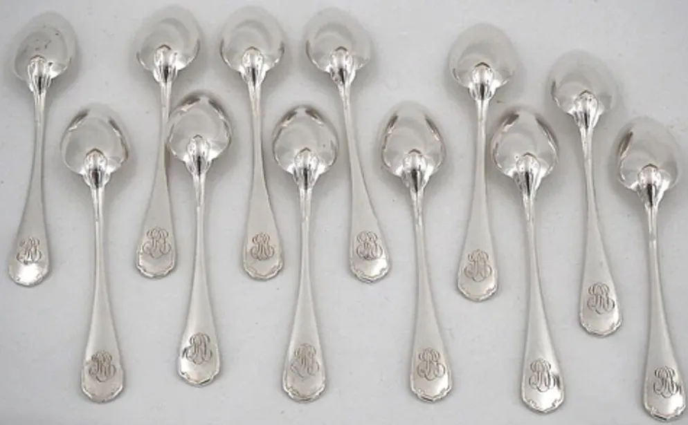 Christofle Japonais, 12 cuillères à thé, café, dessert, 14,2 cm, monogramme "RD"
