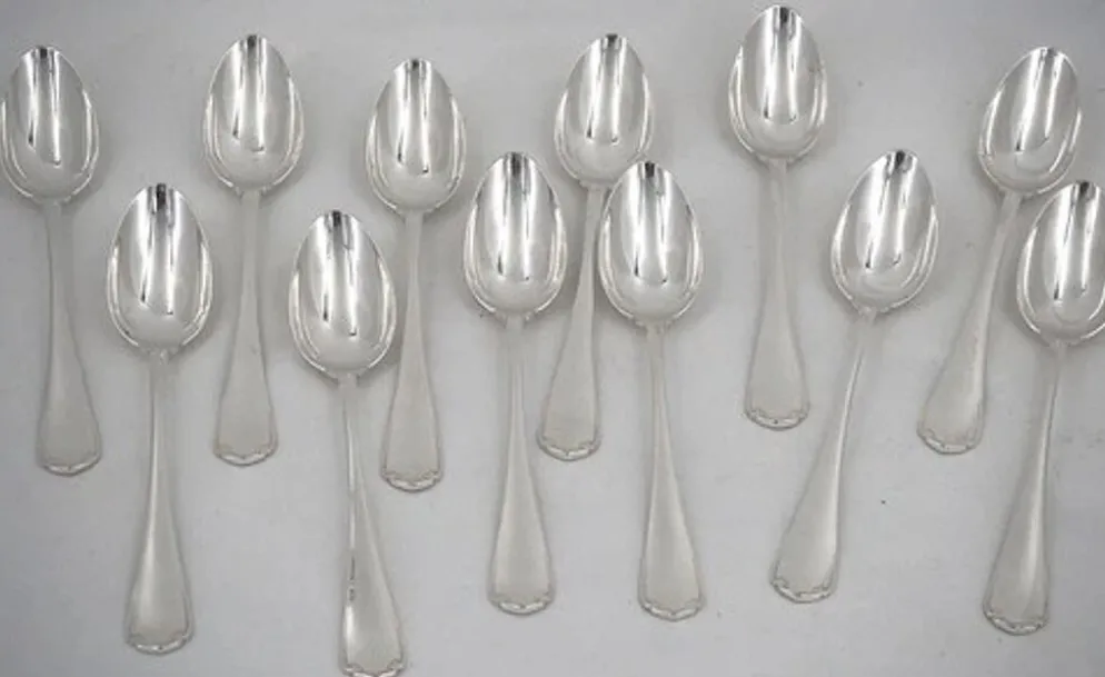 Christofle Japonais, 12 cuillères à thé, café, dessert, 14,2 cm, monogramme "RD"