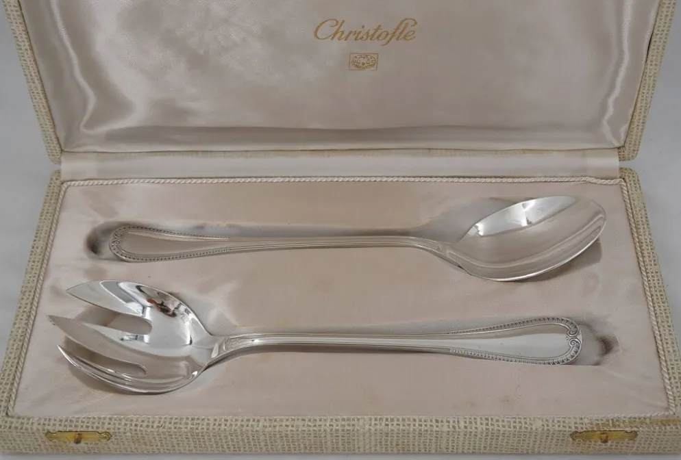 Christofle Malmaison, couvert de service à salade 2 pièces en métal argenté.
