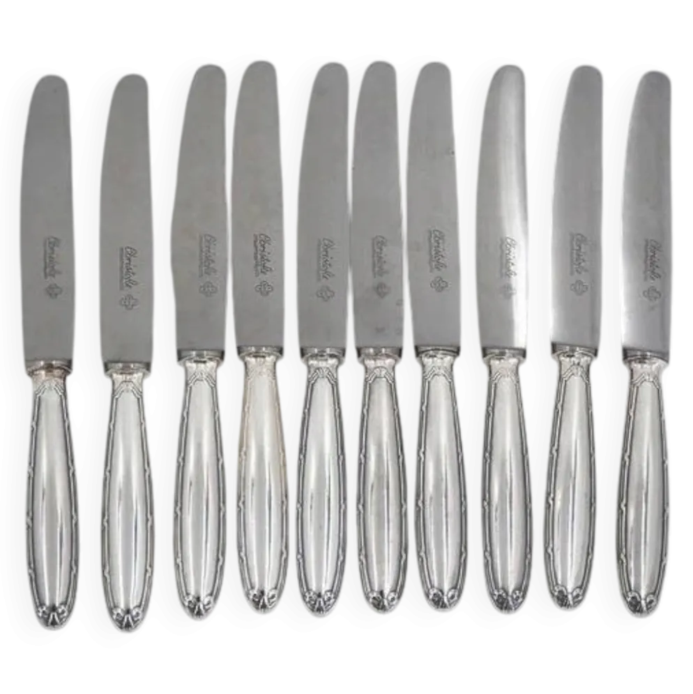Christofle Rubans, 10 couteaux à entremets, dessert, fromage, métal argenté.