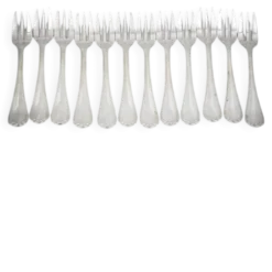 Christofle Spatours, 12 fourchettes à gâteaux, métal argenté, excellent état.