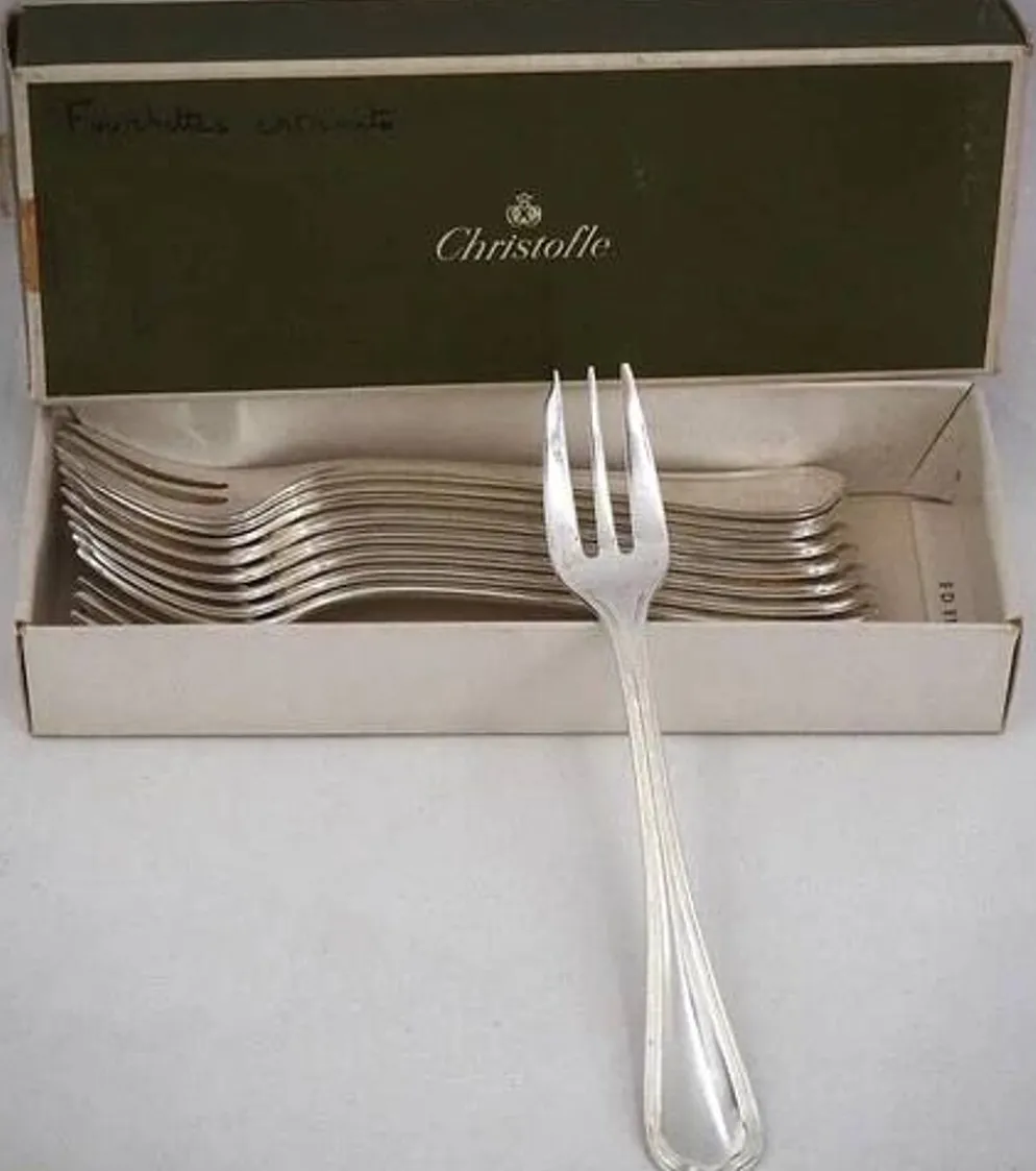 Christofle Spatours, 12 fourchettes à gâteaux, métal argenté, excellent état.