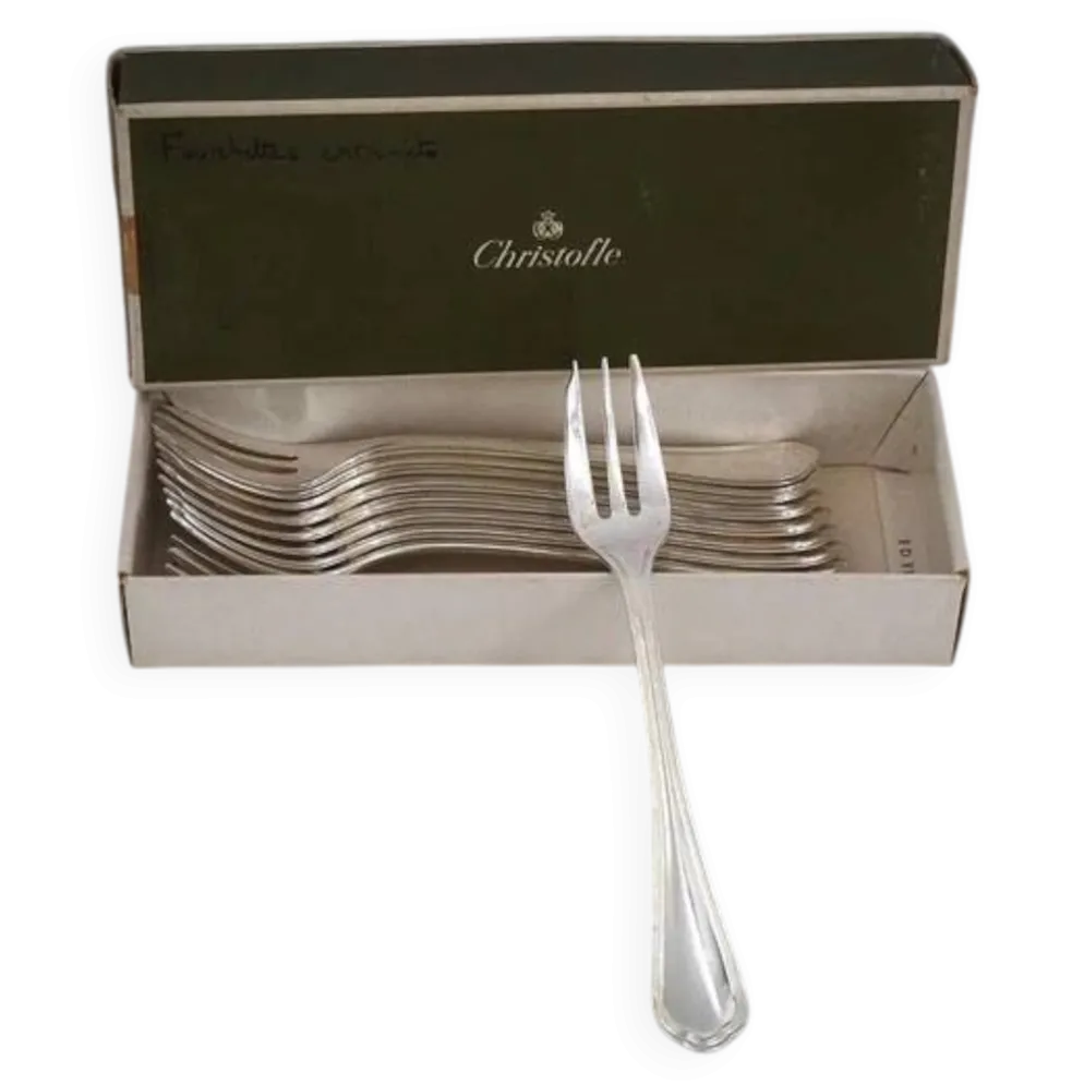 Christofle Spatours, 12 fourchettes à gâteaux, métal argenté, excellent état.