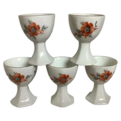 Cinq anciens coquetiers fleurs oranges et grises pied polygone