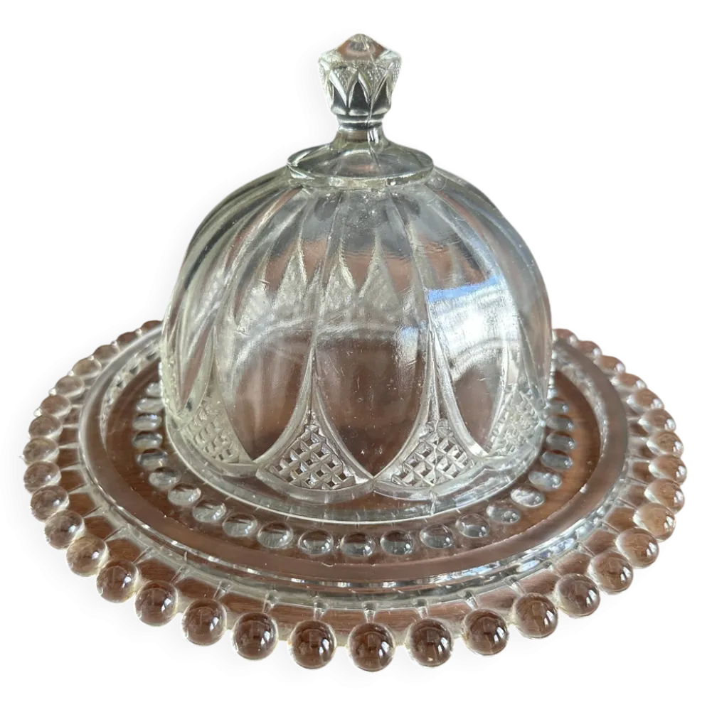 Cloche à fromage ancienne en verre moulé avec son plateau, années 1950