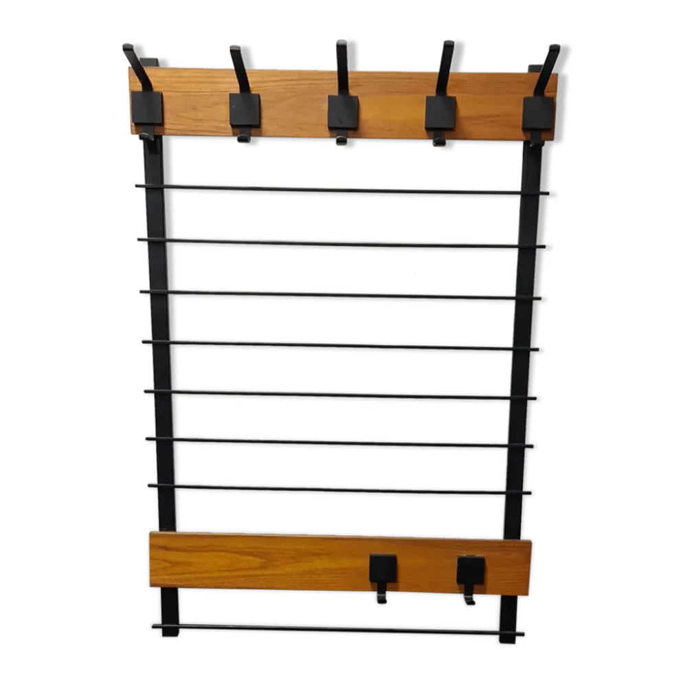 Coatrack mural vintage en teck et métal