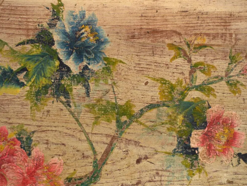 Coffre ancien chinois à panneau peint en orme – Chine, vers 1900