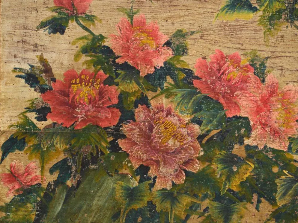 Coffre ancien chinois à panneau peint en orme – Chine, vers 1900