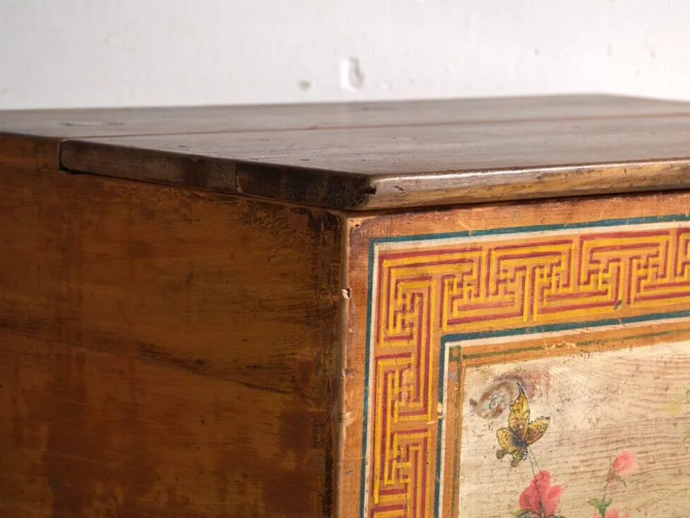 Coffre ancien chinois à panneau peint en orme – Chine, vers 1900