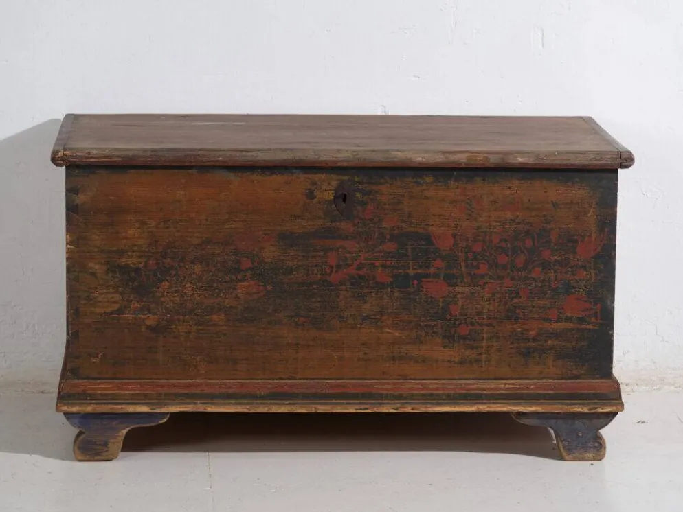 Coffre ancien d’art populaire en pin peint – Europe centrale (c.1900–1920)