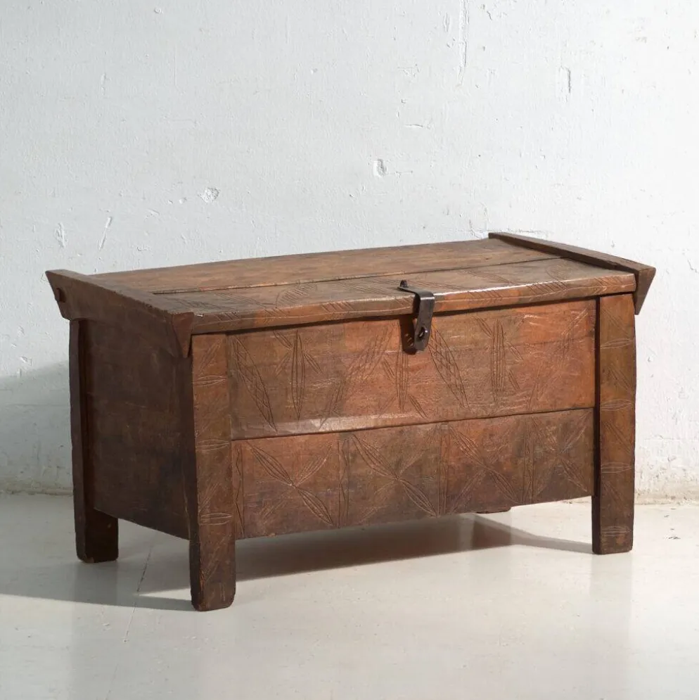 Coffre ancien sculpté en bois de pin – Transylvanie, vers 1900