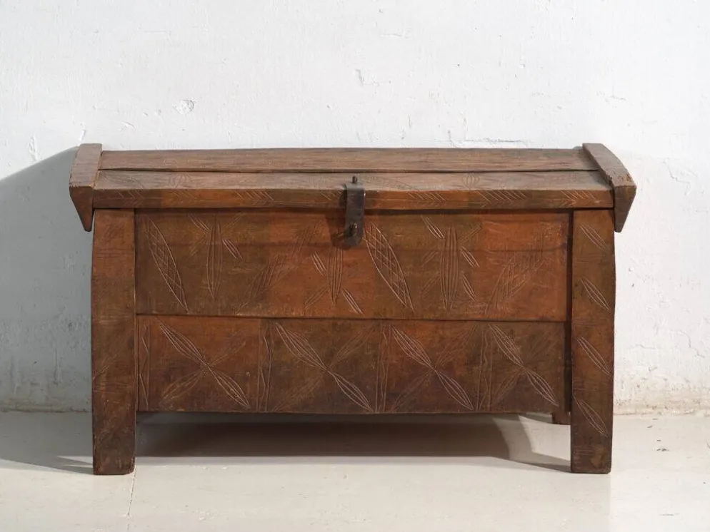 Coffre ancien sculpté en bois de pin – Transylvanie, vers 1900