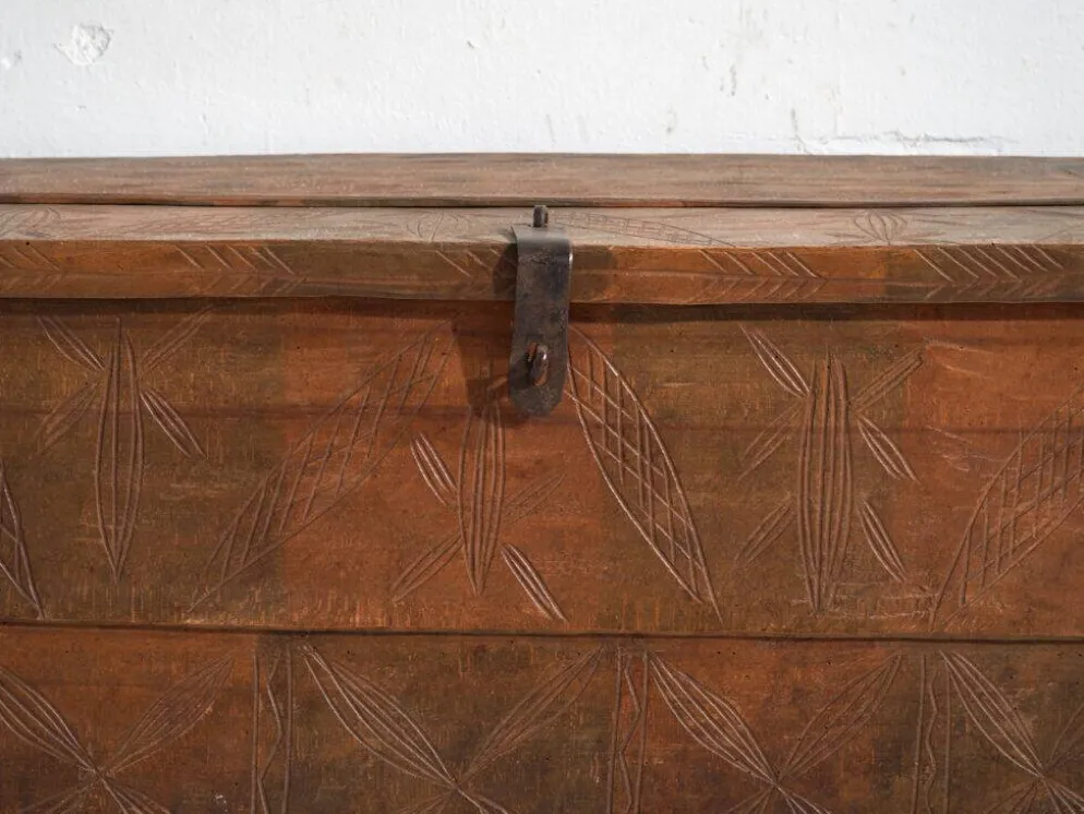 Coffre ancien sculpté en bois de pin – Transylvanie, vers 1900
