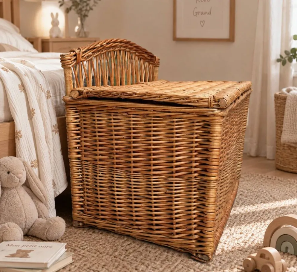 Coffre -banquette ancien en osier tressé-dossier ajouré 1950