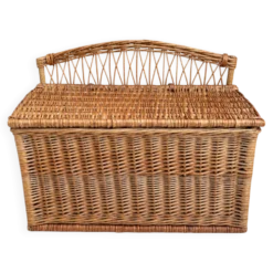 Coffre -banquette ancien en osier tressé-dossier ajouré 1950