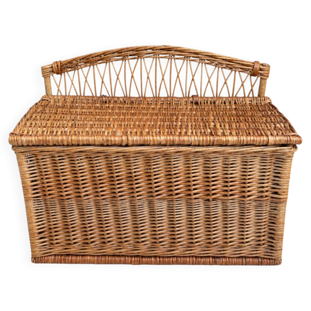 Coffre -banquette ancien en osier tressé-dossier ajouré 1950