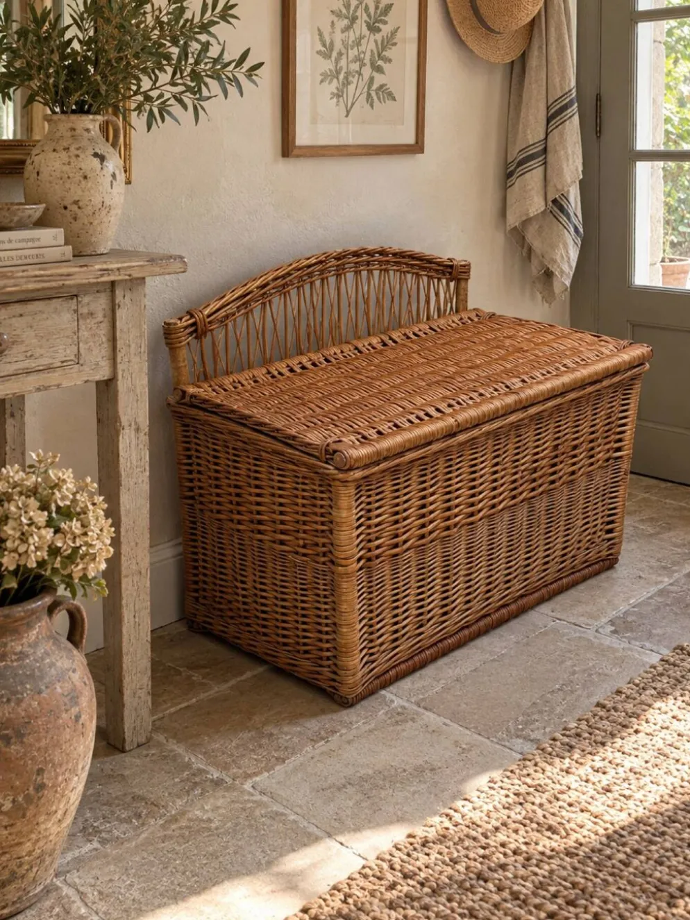 Coffre -banquette ancien en osier tressé-dossier ajouré 1950