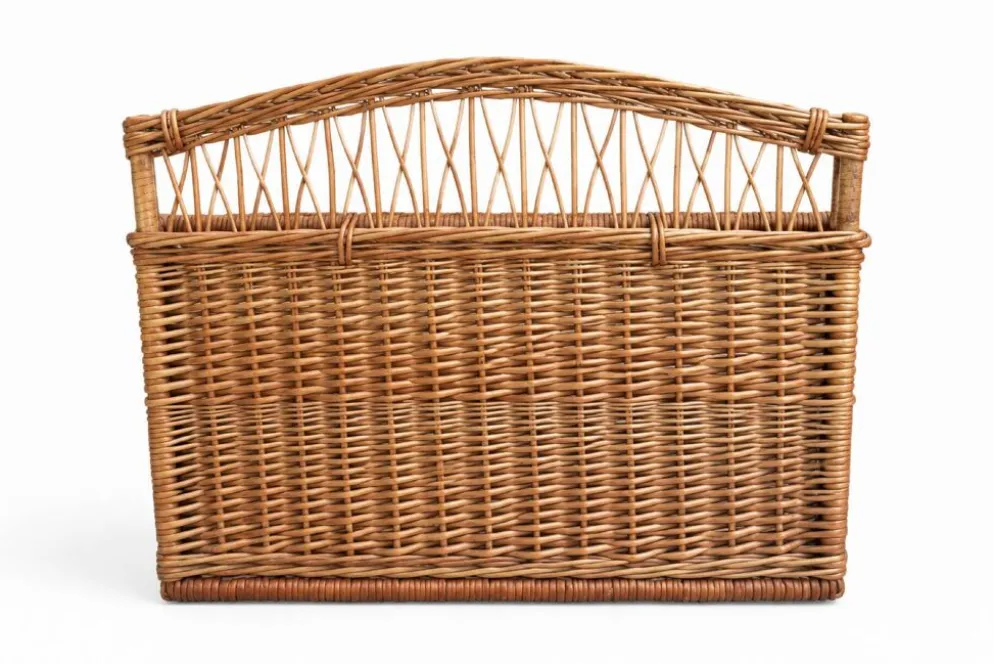 Coffre -banquette ancien en osier tressé-dossier ajouré 1950