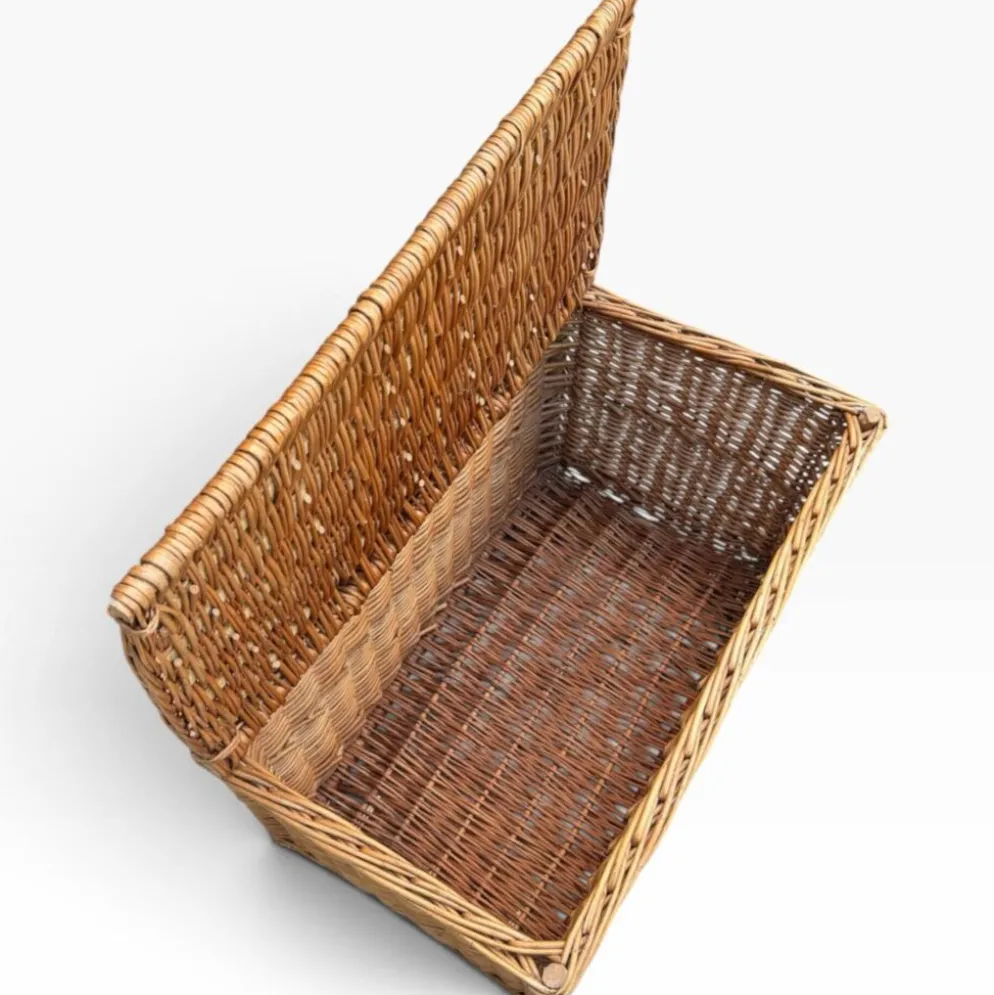 Coffre -banquette ancien en osier tressé-dossier ajouré 1950