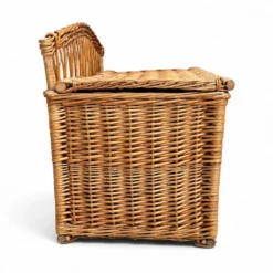 Coffre -banquette ancien en osier tressé-dossier ajouré 1950