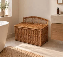 Coffre -banquette ancien en osier tressé-dossier ajouré 1950