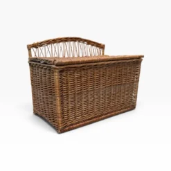 Coffre -banquette ancien en osier tressé-dossier ajouré 1950