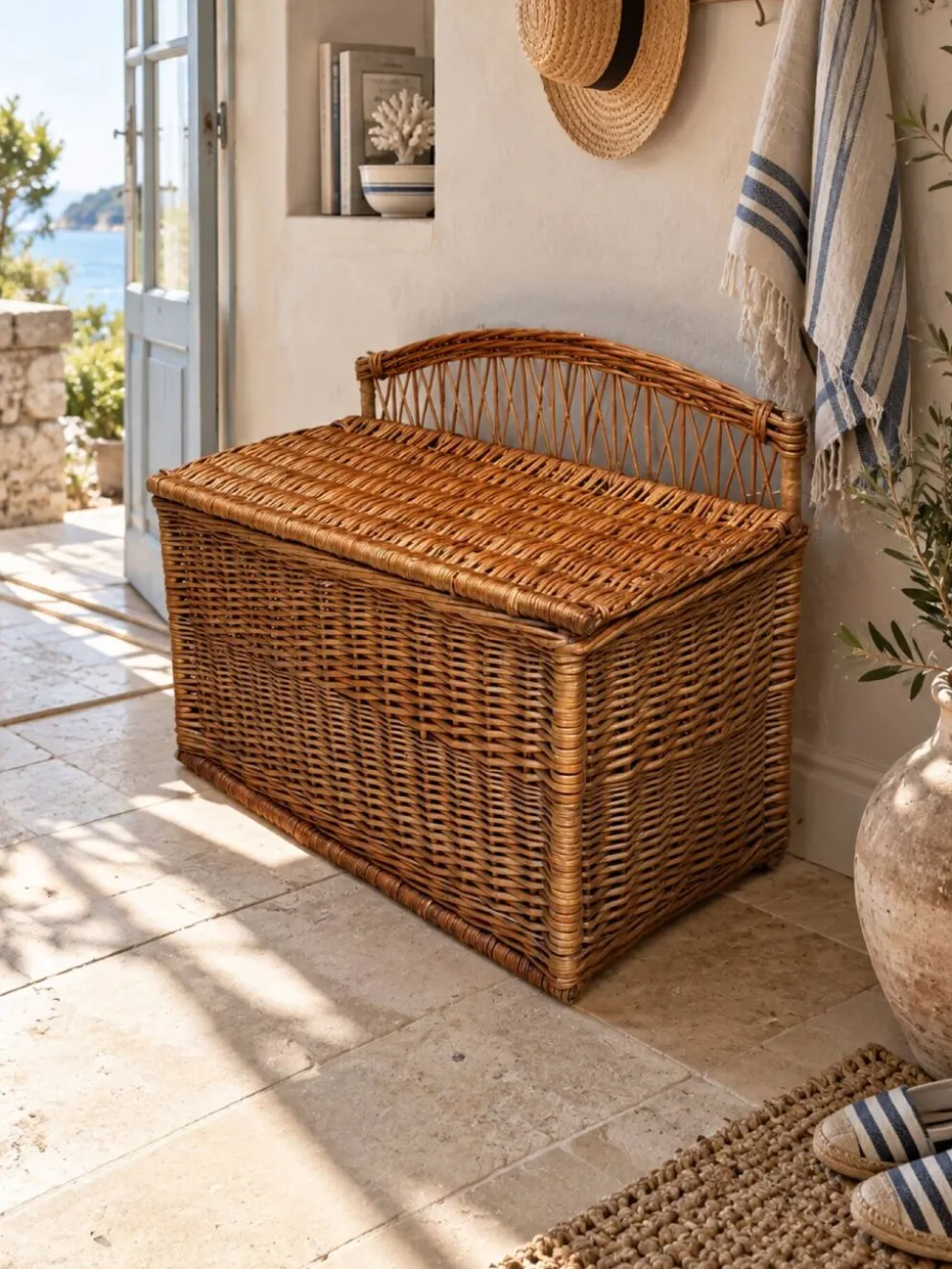 Coffre -banquette ancien en osier tressé-dossier ajouré 1950