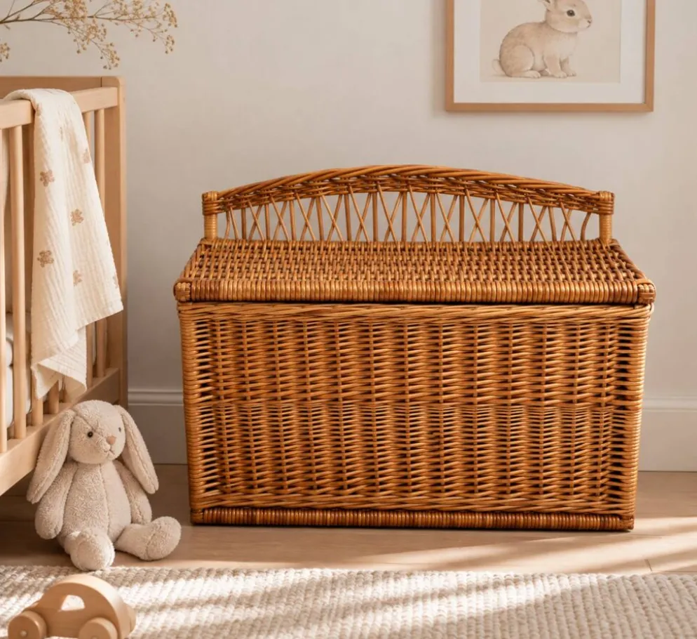 Coffre -banquette ancien en osier tressé-dossier ajouré 1950
