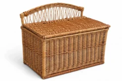 Coffre -banquette ancien en osier tressé-dossier ajouré 1950