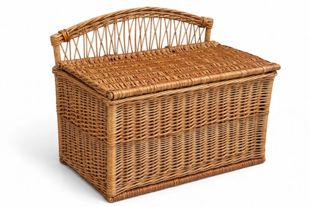 Coffre -banquette ancien en osier tressé-dossier ajouré 1950