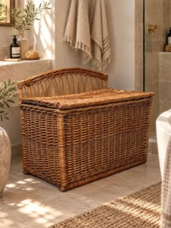 Coffre -banquette ancien en osier tressé-dossier ajouré 1950