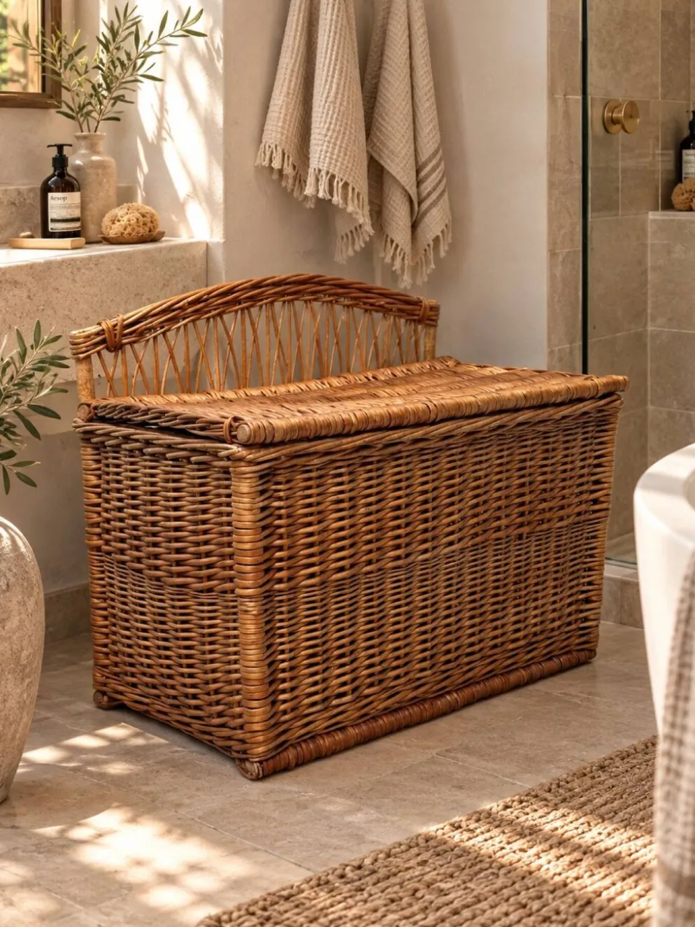 Coffre -banquette ancien en osier tressé-dossier ajouré 1950
